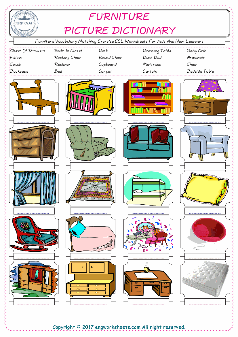  Furniture for Kids ESL Word Matching English Exercise Worksheet. 